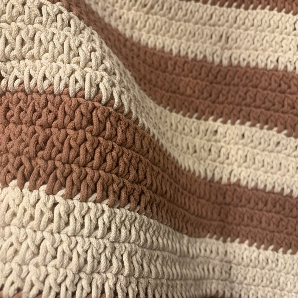 Beach Vibes Crochet Market Tote Bag Camel Brown Stripe Grannycore Purse - Picture 2 of 6